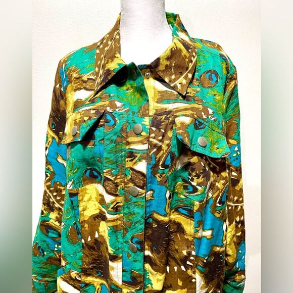 Richard Malcolm linen jacket utility pockets colorful peacock   resort Womens 1X - Picture 2 of 8